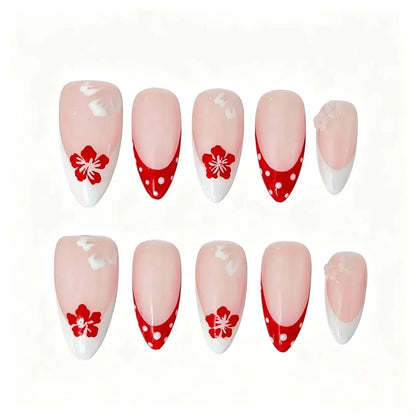 Red Floral Polka Dot French Press-On Nails featuring vintage, polka dot, red flower, playful details on reusable handmade press-on nails