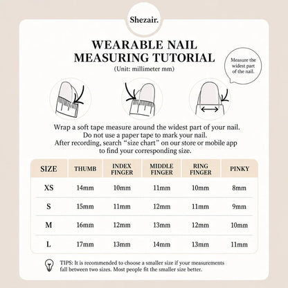 Wearable nail size chart tutorial with measurements for thumb to pinky fingers in mm