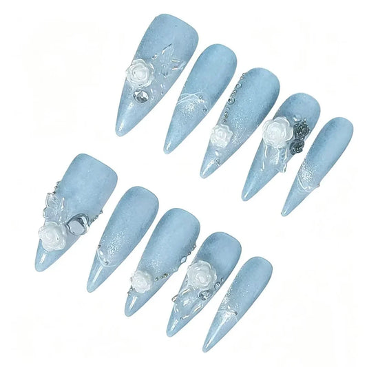 Blue Rose Frost Stiletto Press-On Nails featuring icy, fairy, winter, romantic details on reusable handmade press-on nails
