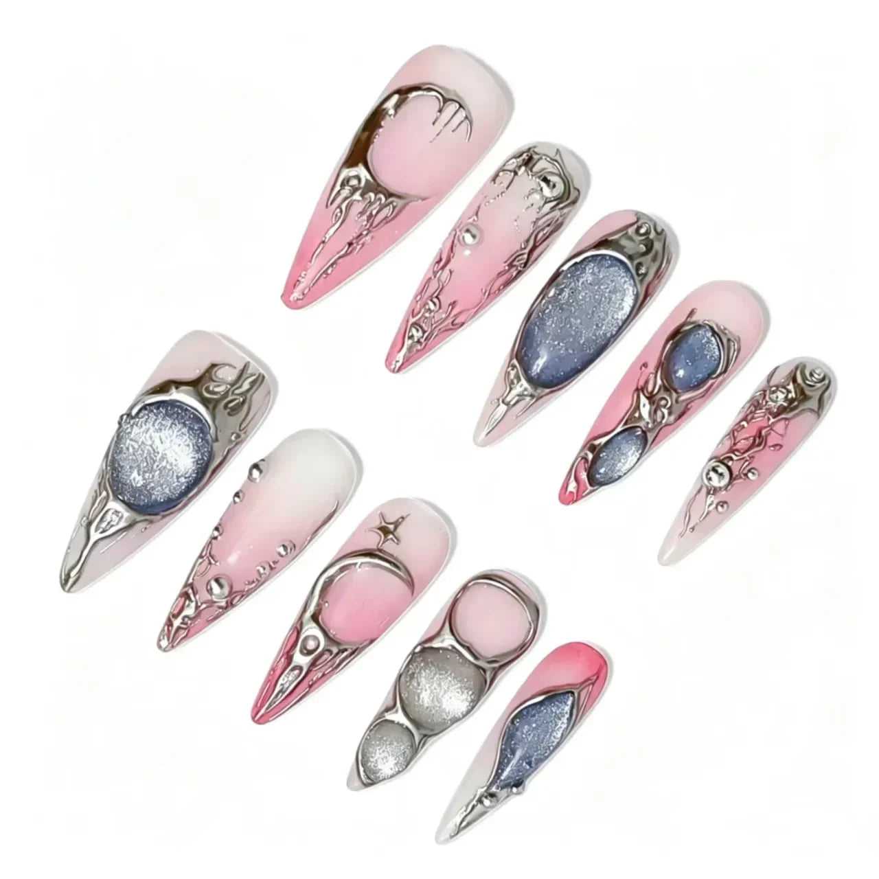 Pink Silver Gothic Chrome Press-On Nails featuring gothic, moon, star, glitter, Y2K details on reusable handmade press-on nails