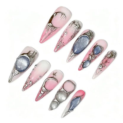 Pink Silver Gothic Chrome Press-On Nails featuring gothic, moon, star, glitter, Y2K details on reusable handmade press-on nails