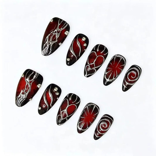 Crimson Gothic Line Art Press-On Nails featuring gothic, edgy, abstract, statement details on reusable handmade press-on nails