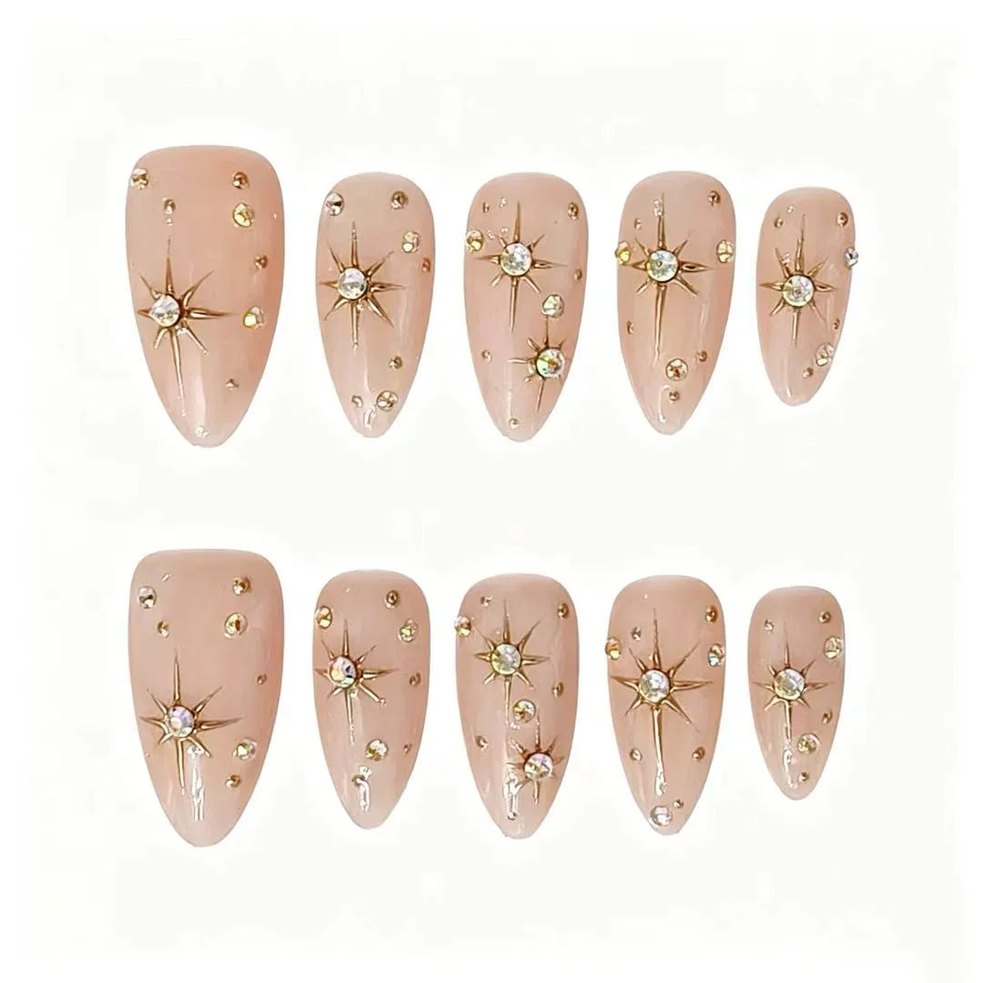 Nude Gold Starburst Press-On Nails featuring celestial, nude, crystal, elegant details on reusable handmade press-on nails