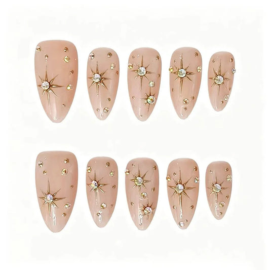 Nude Gold Starburst Press-On Nails featuring celestial, nude, crystal, elegant details on reusable handmade press-on nails