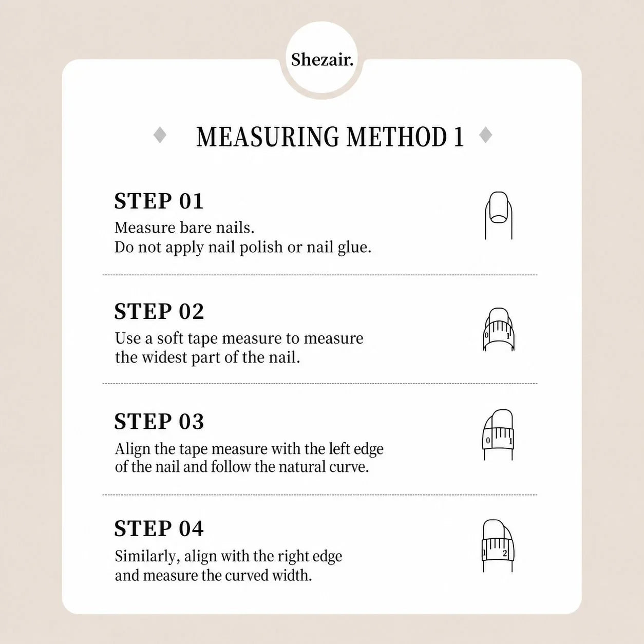 Nail measurement guide: Step-by-step instructions for measuring bare nails with a soft tape measure for accurate fit.