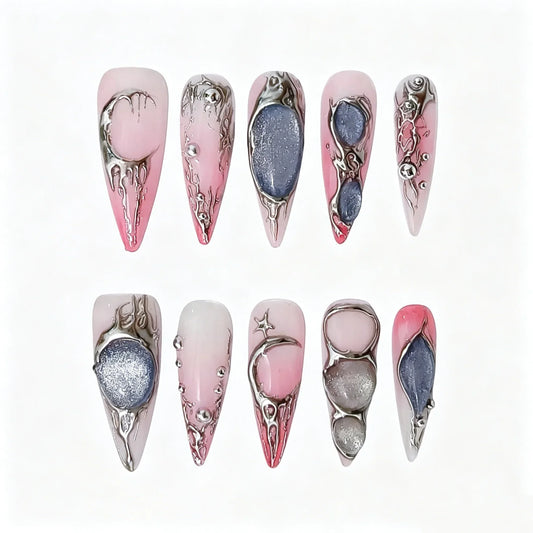 Pink Silver Gothic Chrome Press-On Nails featuring gothic, moon, star, glitter, Y2K details on reusable handmade press-on nails