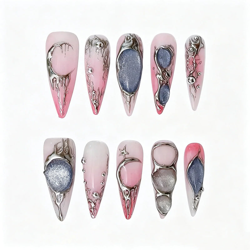 Pink Silver Gothic Chrome Press-On Nails