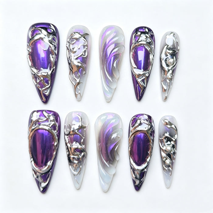 Amethyst Veil – Purple & Silver Stiletto Press-On Nails