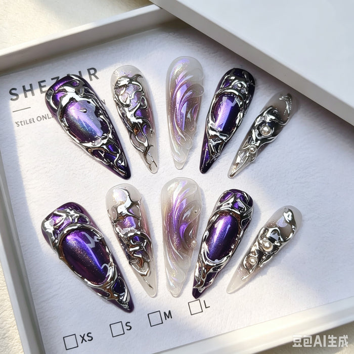 Amethyst Veil – Purple & Silver Stiletto Press-On Nails