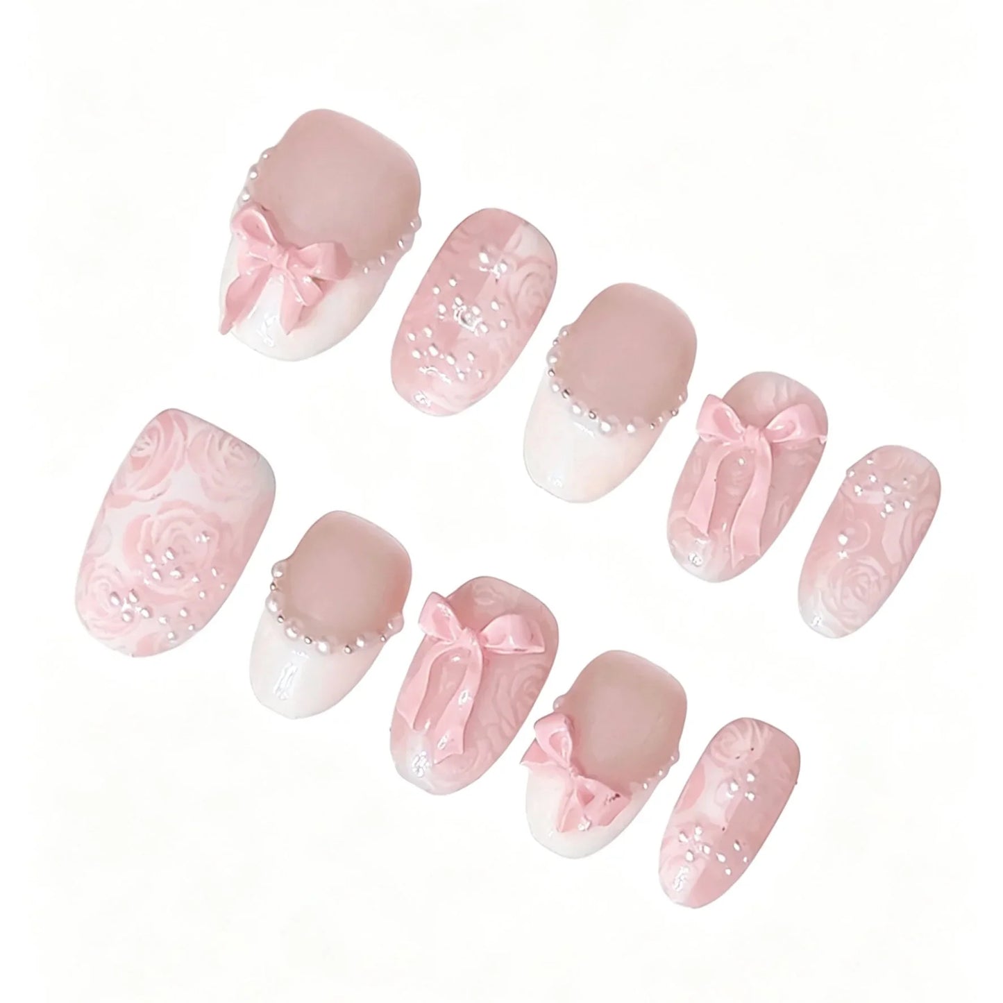 Pink Bow Pearl Press-On Nails featuring coquette, balletcore, romantic, bridal details on reusable handmade press-on nails