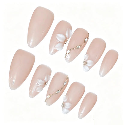 Blush Petal Chain Almond Press-On Nails featuring soft glam, wedding, nude pink details on reusable handmade press-on nails