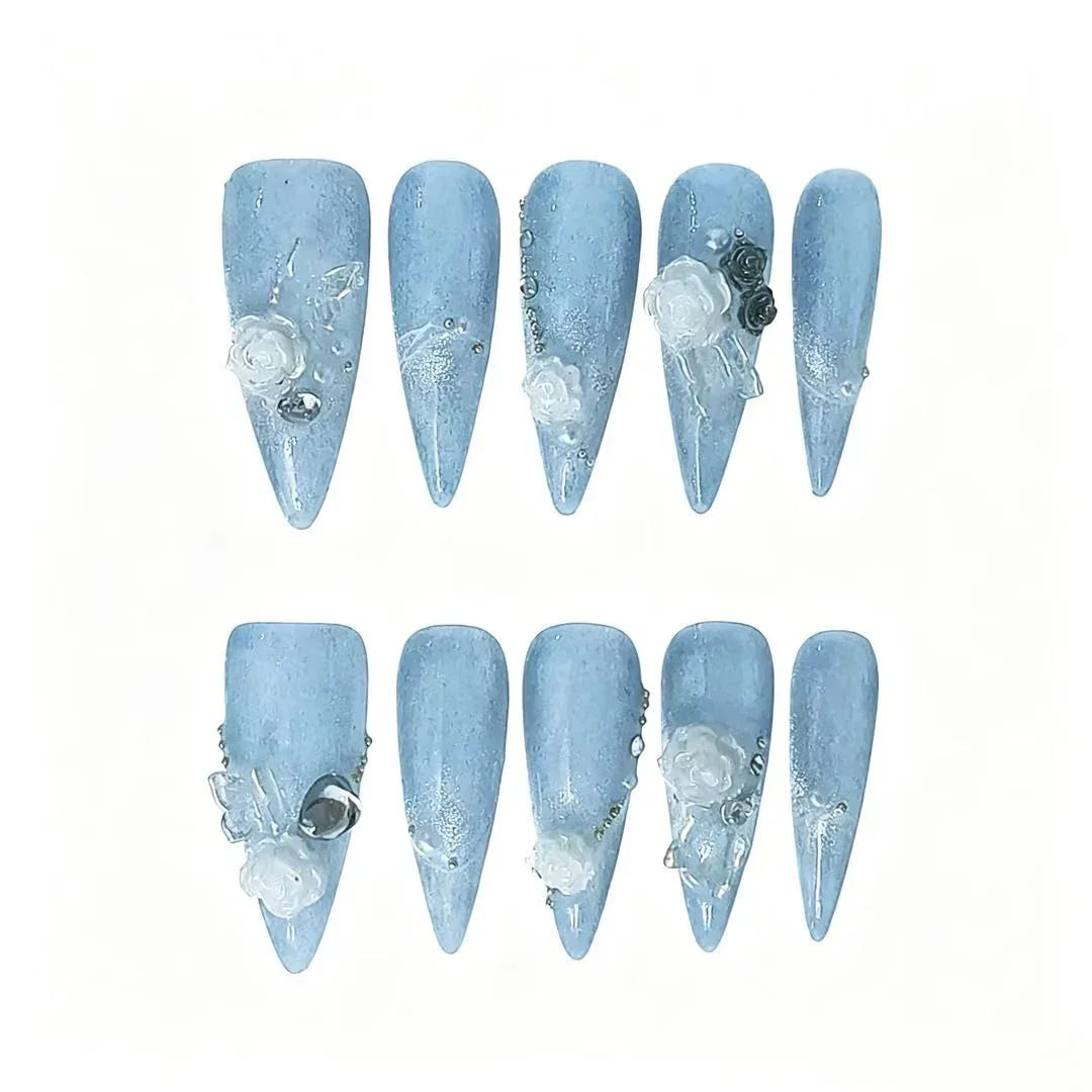 Blue Rose Frost Stiletto Press-On Nails featuring icy, fairy, winter, romantic details on reusable handmade press-on nails