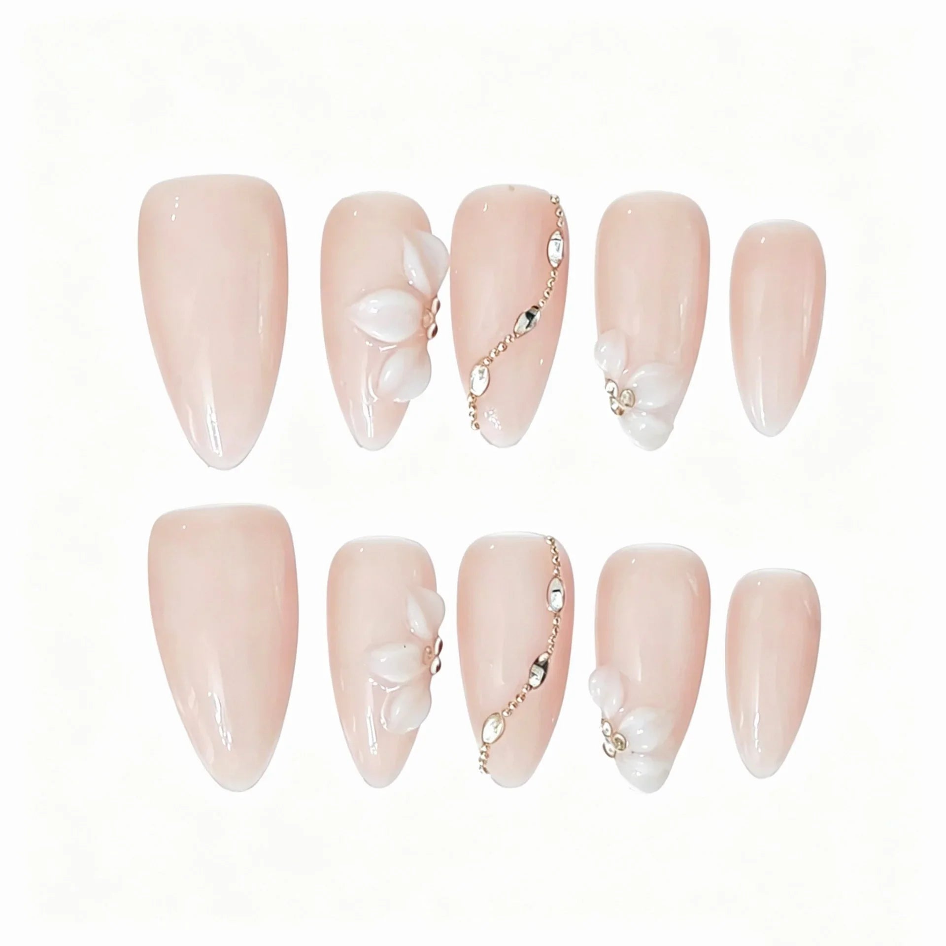 Blush Petal Chain Almond Press-On Nails featuring soft glam, wedding, nude pink details on reusable handmade press-on nails