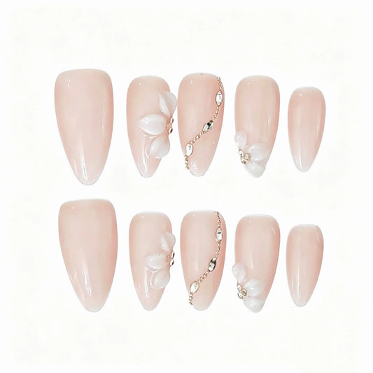 Blush Petal Chain Almond Press-On Nails featuring soft glam, wedding, nude pink details on reusable handmade press-on nails
