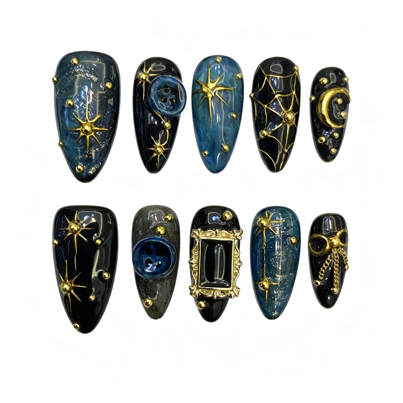Celestial Starry Night Press On Nails - Gothic Navy Black Gold Star Moon Almond Nails