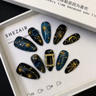 Celestial Starry Night Press On Nails - Gothic Navy Black Gold Star Moon Almond Nails