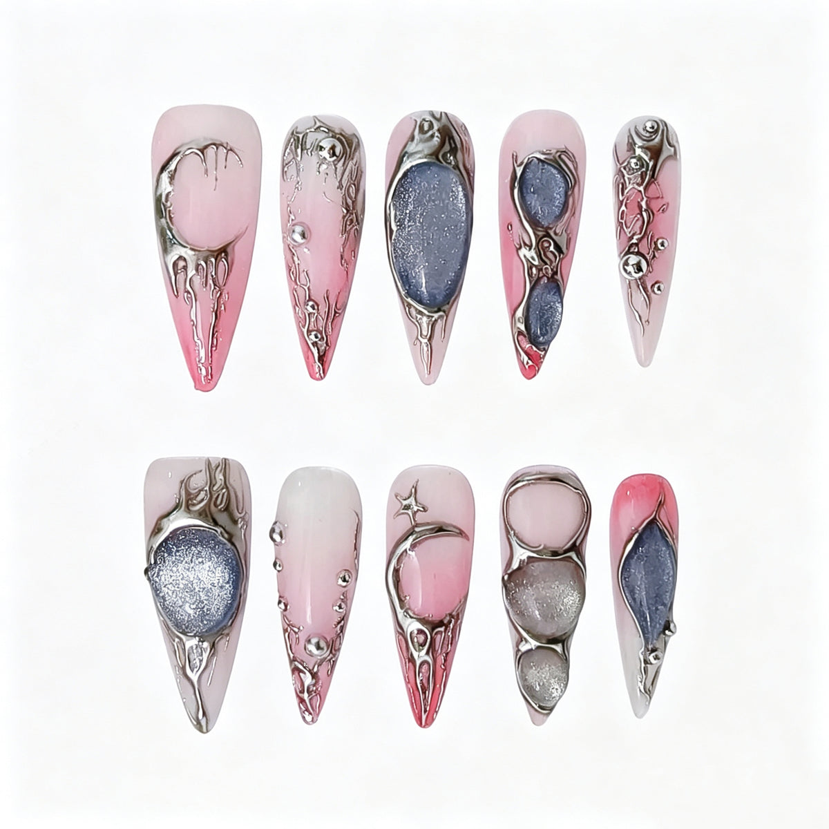 Chrome Reverie pink and silver stiletto press-on nails, full set