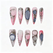 Chrome Reverie pink and silver stiletto press-on nails, full set