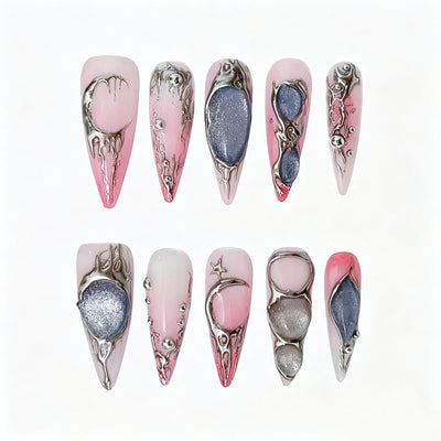 Chrome Reverie – Pink & Silver Stiletto Press-On Nails