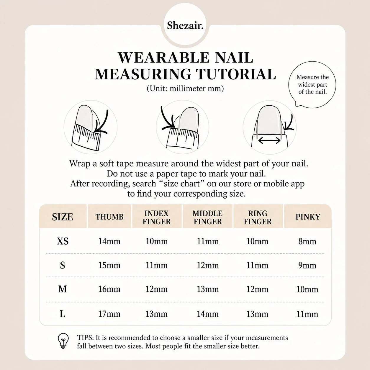 Wearable nail size chart tutorial with finger measurements in mm for perfect fit