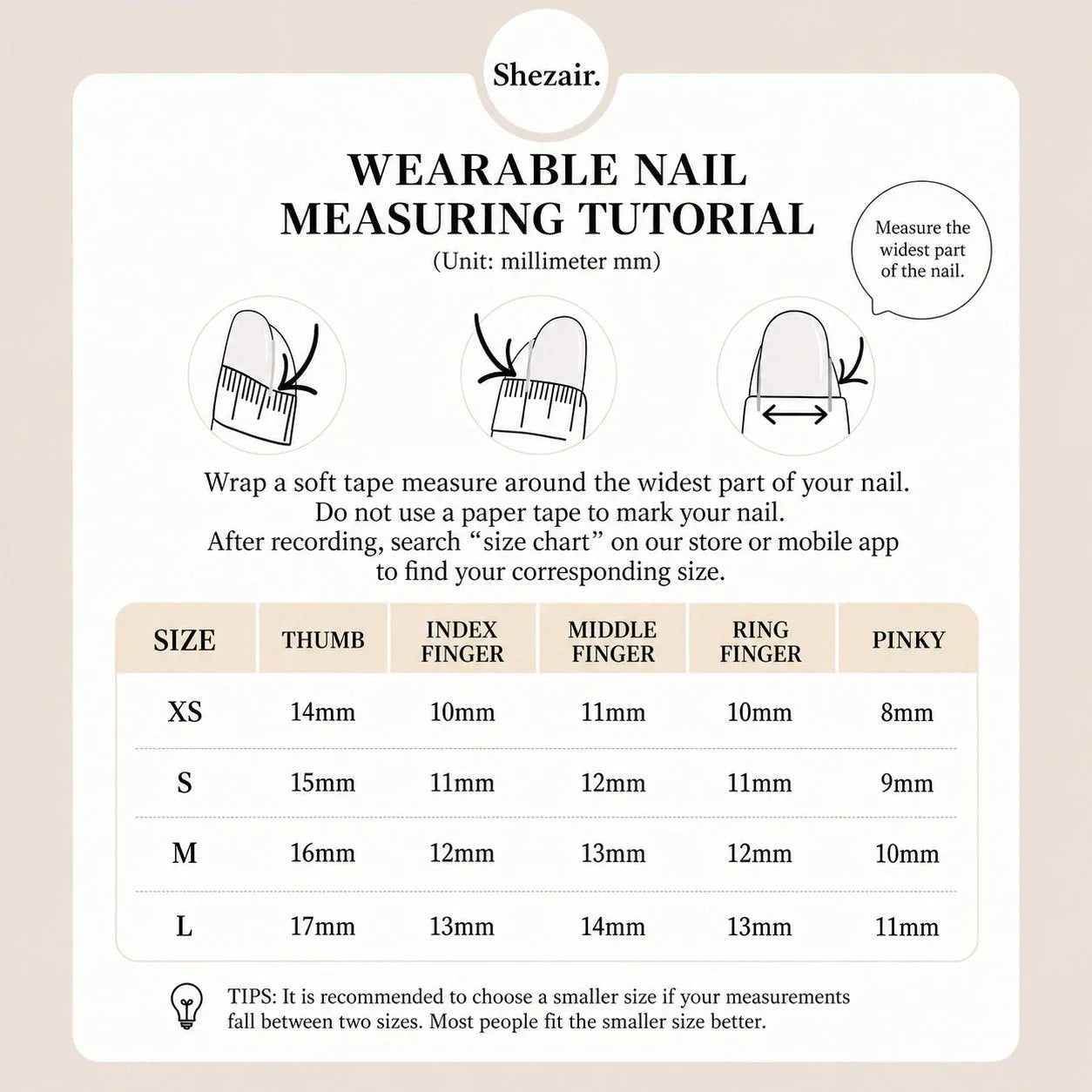 Wearable nail size chart tutorial with measurements for thumb to pinky, guide to measure nail width in mm