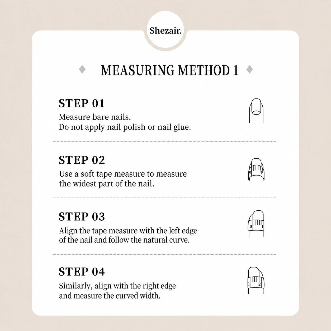 Shezair nail measurement guide: step-by-step instructions for measuring bare nails with a soft tape measure