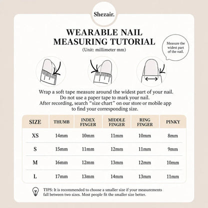 Wearable nail size chart & measuring tutorial for perfect fit, millimeter measurements by finger