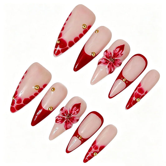 Crimson Rose Stiletto Press-On Nails featuring dramatic, rose, gold, long stiletto details on reusable handmade press-on nails