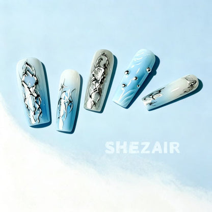 Liquid Metal Gradient Press-On Nails - Blue Silver 3D Art - Main