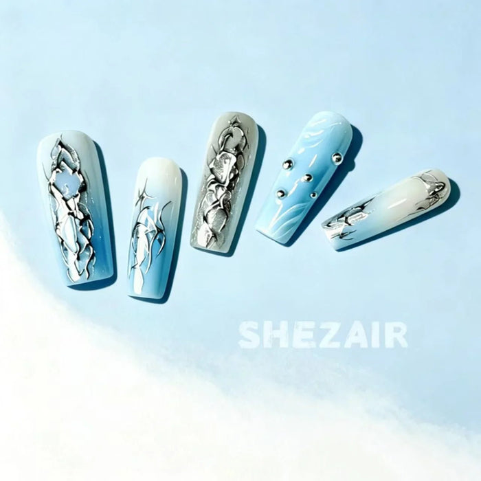Liquid Metal Gradient Press-On Nails | 3D Silver Art