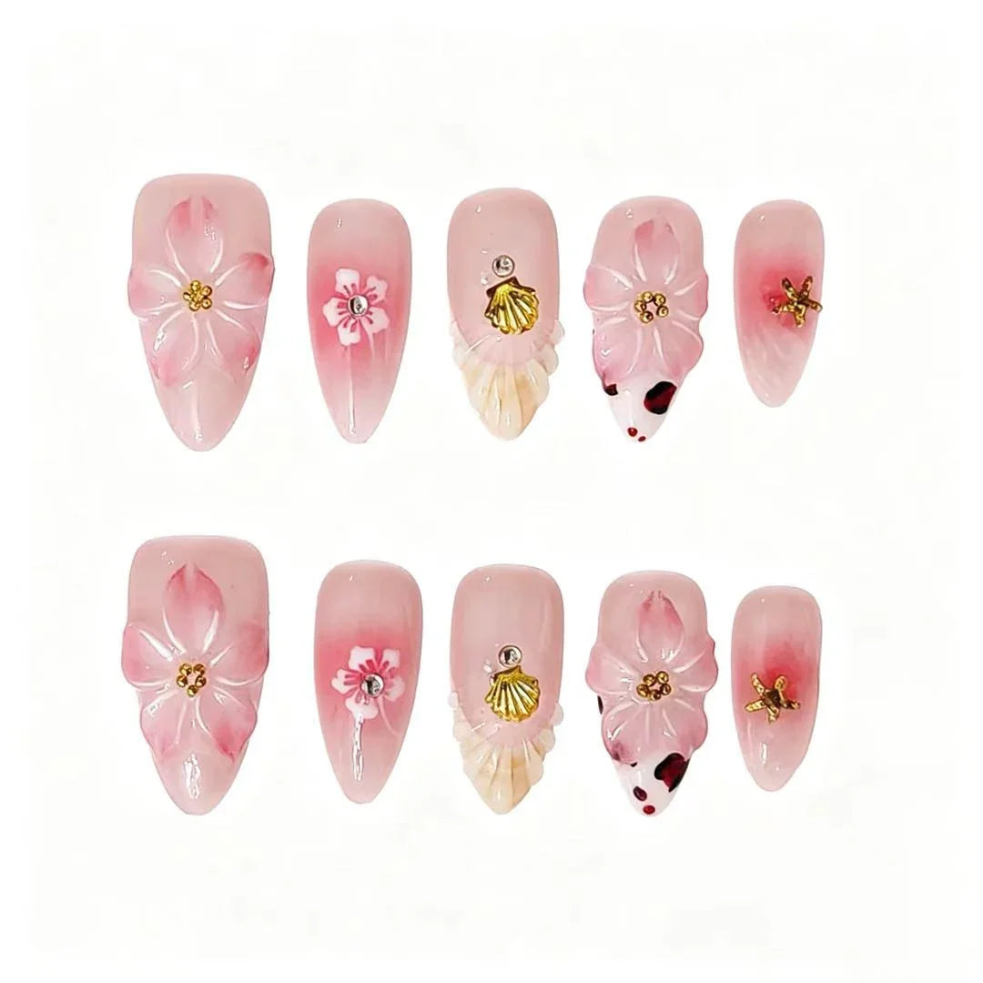 Pink Blossom Shell Press-On Nails featuring pink, shell, starfish, summer beach details on reusable handmade press-on nails