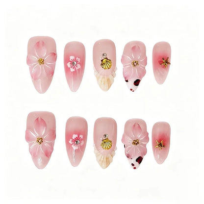 Pink Blossom Shell Press-On Nails featuring pink, shell, starfish, summer beach details on reusable handmade press-on nails