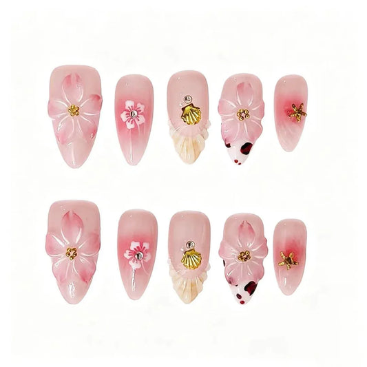 Pink Blossom Shell Press-On Nails featuring pink, shell, starfish, summer beach details on reusable handmade press-on nails