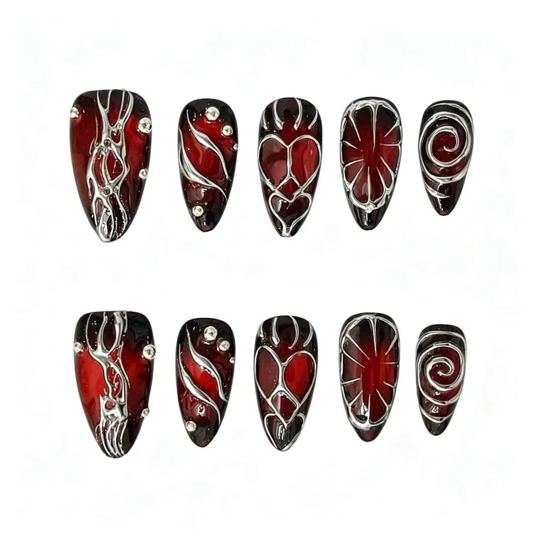 Crimson Gothic Line Art Press-On Nails featuring gothic, edgy, abstract, statement details on reusable handmade press-on nails