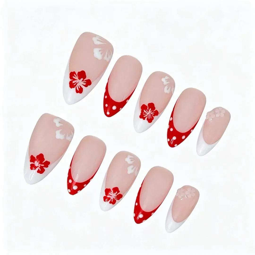 Red Floral Polka Dot French Press-On Nails featuring vintage, polka dot, red flower, playful details on reusable handmade press-on nails