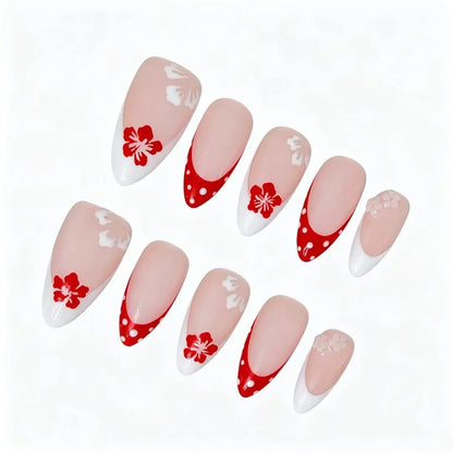 Red Floral Polka Dot French Press-On Nails featuring vintage, polka dot, red flower, playful details on reusable handmade press-on nails