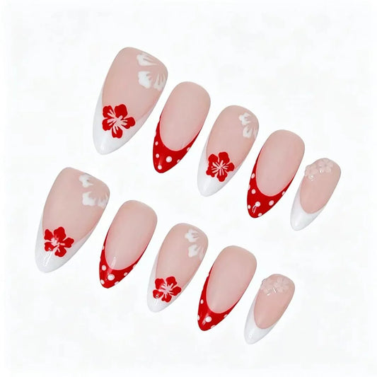 Red Floral Polka Dot French Press-On Nails featuring vintage, polka dot, red flower, playful details on reusable handmade press-on nails