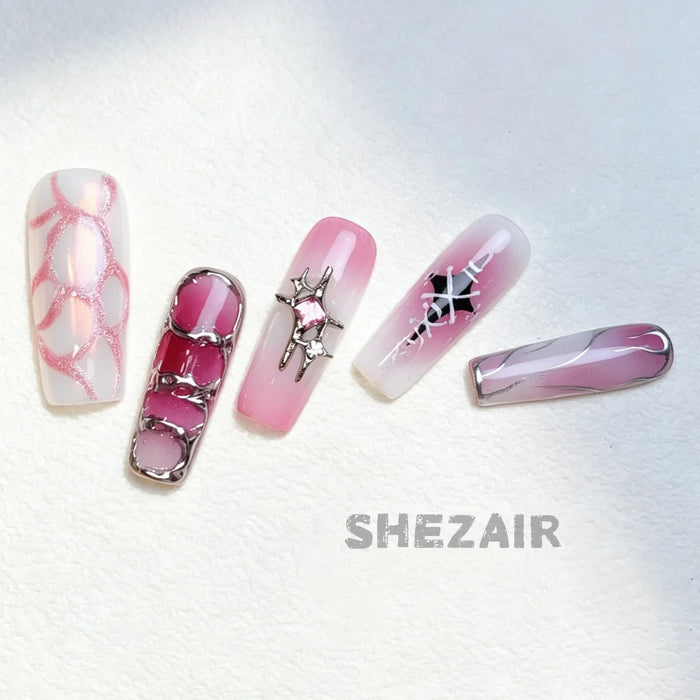 Y2K Pink Chrome Press-On Nails — 5-Style Mix Set