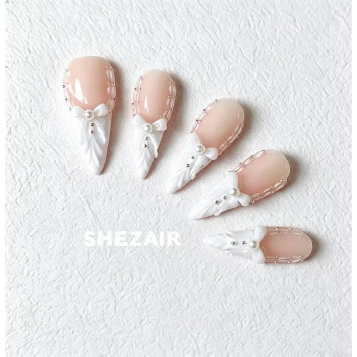French Bow Pearl Press-On Nails | Elegant White Tips