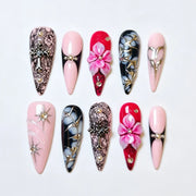 Fuchsia Lace pink and black gothic stiletto press-on nails with 3D flowers, lace and crosses, full 10-piece set