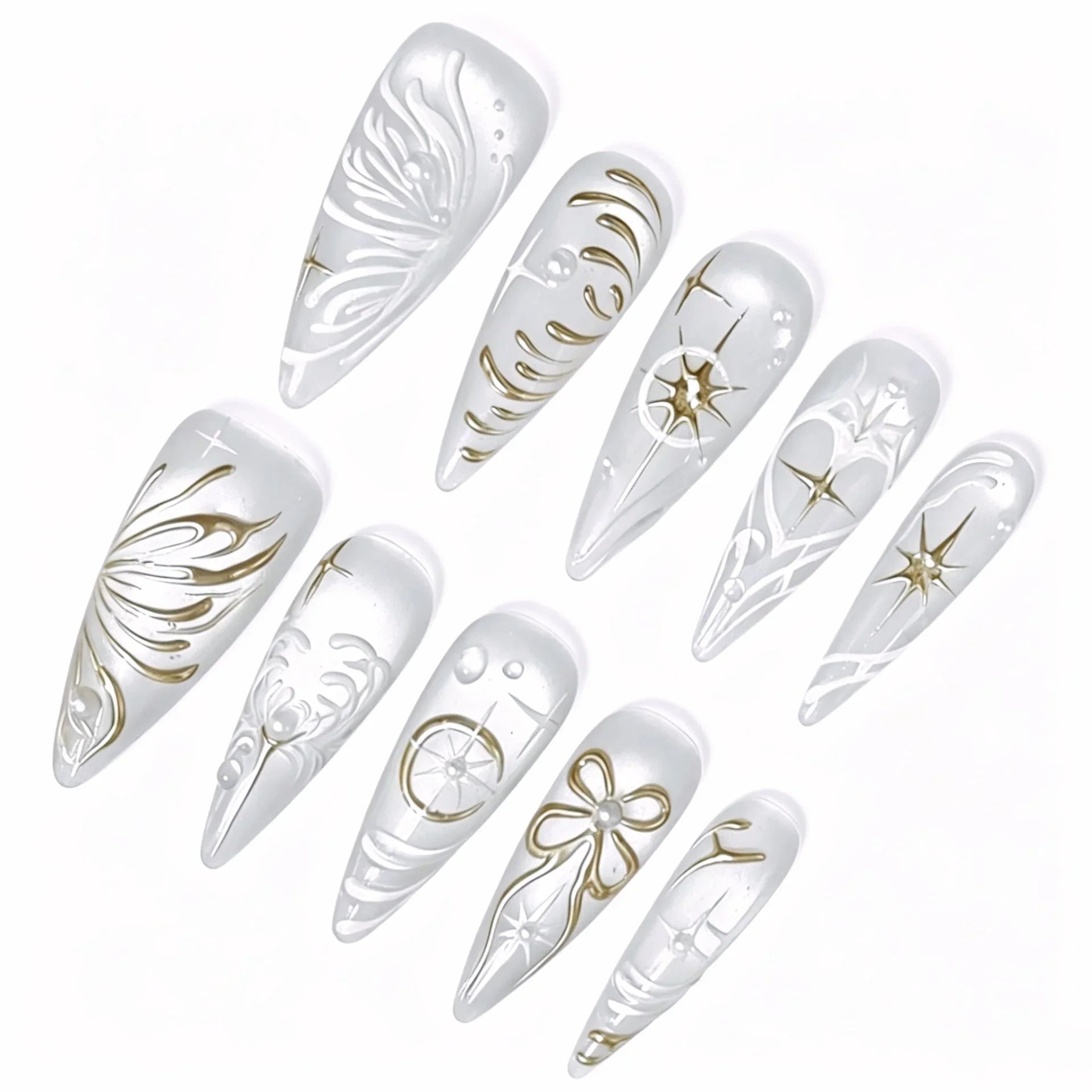 White Gold Line Art Press-On Nails featuring white, gold, minimalist-luxury details on reusable handmade press-on nails