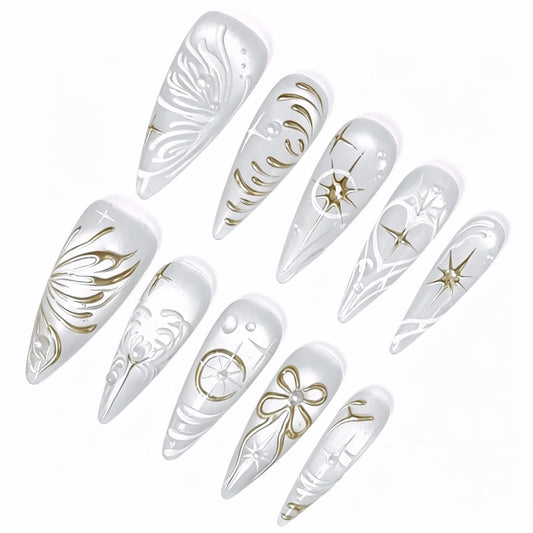 White Gold Line Art Press-On Nails featuring white, gold, minimalist-luxury details on reusable handmade press-on nails