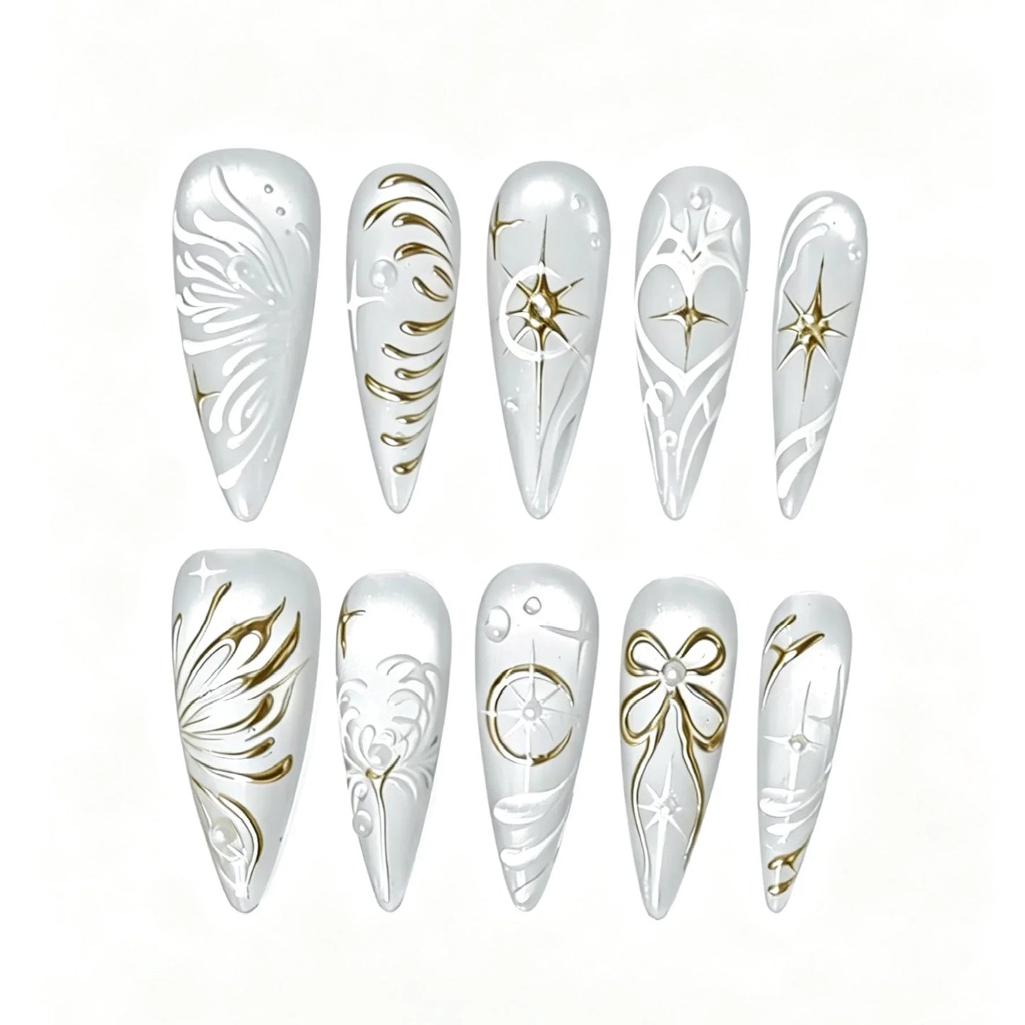 White Gold Line Art Press-On Nails featuring white, gold, minimalist-luxury details on reusable handmade press-on nails