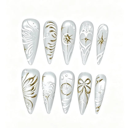 White Gold Line Art Press-On Nails featuring white, gold, minimalist-luxury details on reusable handmade press-on nails