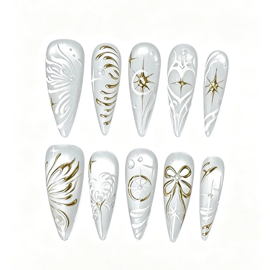 White Gold Line Art Press-On Nails featuring white, gold, minimalist-luxury details on reusable handmade press-on nails