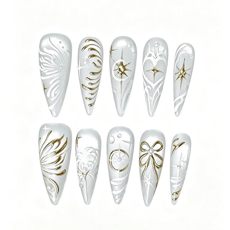 White Gold Line Art Press-On Nails