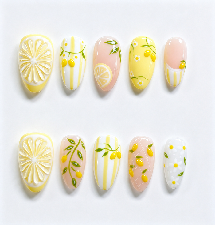 Lemon Bloom – Yellow Citrus & Daisy Oval Press-On Nails