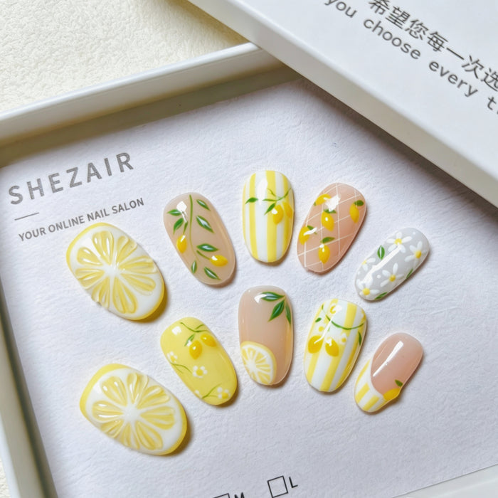 Lemon Bloom – Yellow Citrus & Daisy Oval Press-On Nails