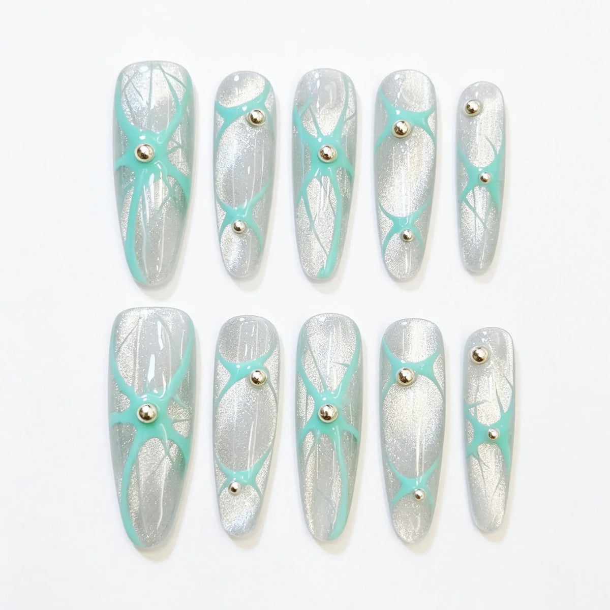 Mint Orbit silver shimmer and mint green square press-on nails, full 10-piece set