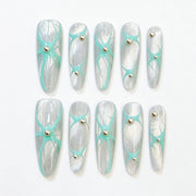 Mint Orbit silver shimmer and mint green square press-on nails, full 10-piece set